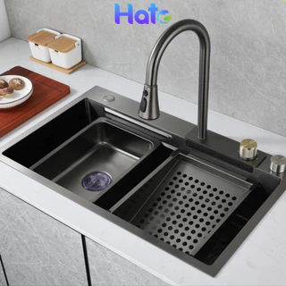 Chậu Rửa Bát 1 Hố HATO Inox 304 Vân Tỏ Ong Chống Xước, Bồn Rửa Chén 1 Ngăn Lớn Vòi Dây Rút Thác Nước, Khay Rửa, Xiphong