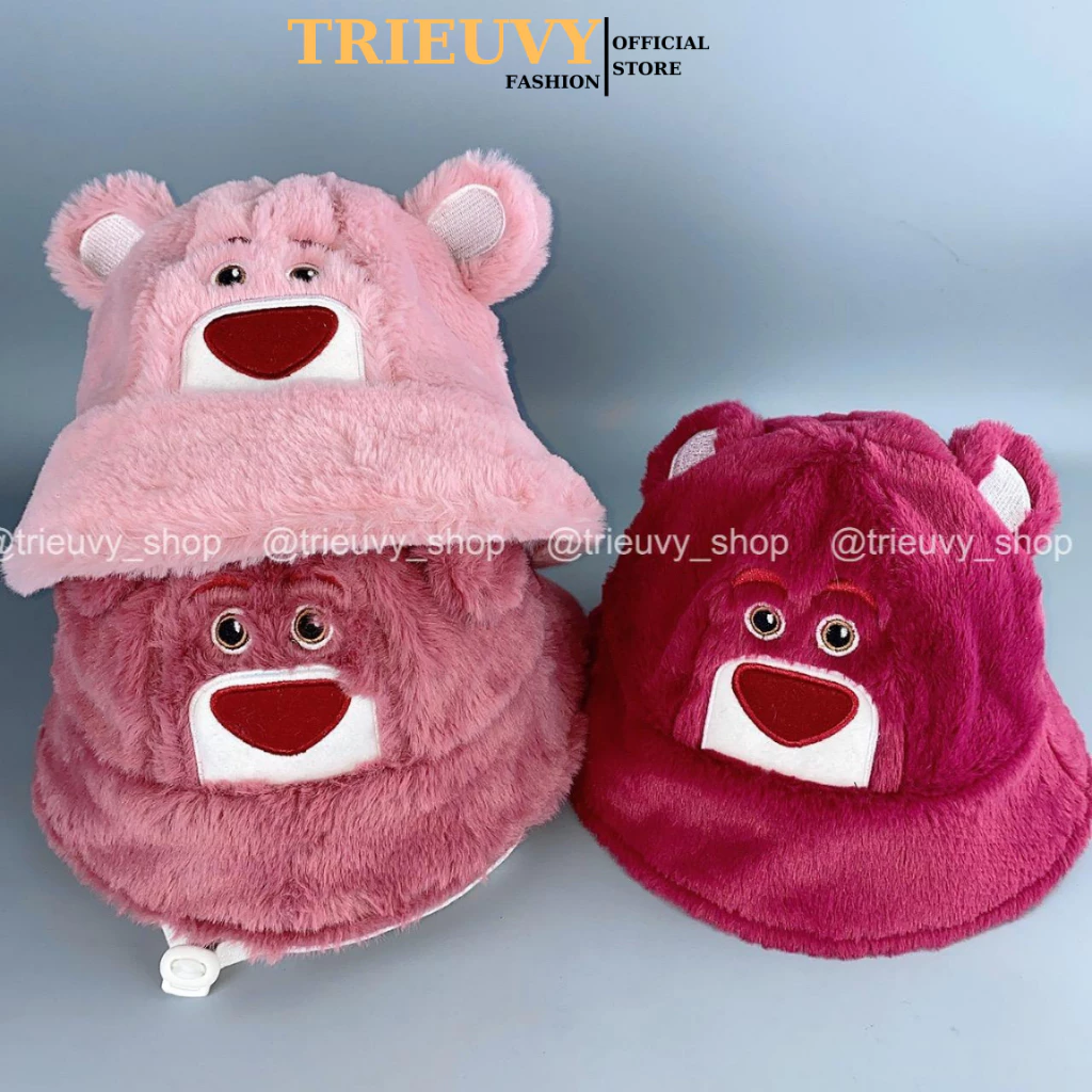 [2-6 tuổi] Mũ bucket trẻ em lông tơ Lotso hồng mềm mại, nón lông gấu hồng vành tròn cho bé giữ ấm - TRIEUVY