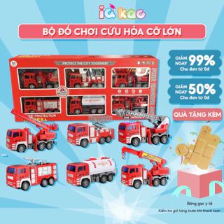 Bộ đồ chơi 6 xe cứu hỏa size to IQKAO xe cần cẩu xe cứu thương làm bằng nhựa an toàn cho các bé
