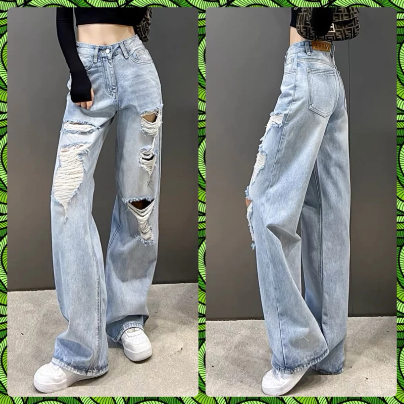 Quần Jeans ống rộng Nữ lưng cao rách gối xanh nhạt cá tính