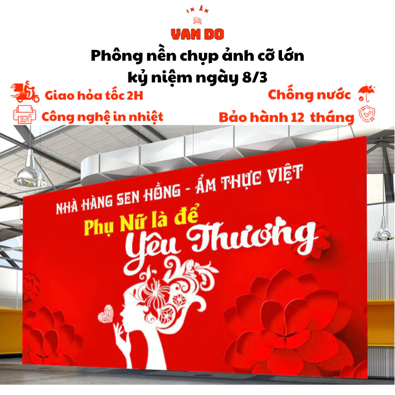 Phông nền chụp ảnh 8/3 trang trí 8/3 cỡ lớn có nhiều kích thước chất liệu in bạt ngoài trời chống nước - BH 12T