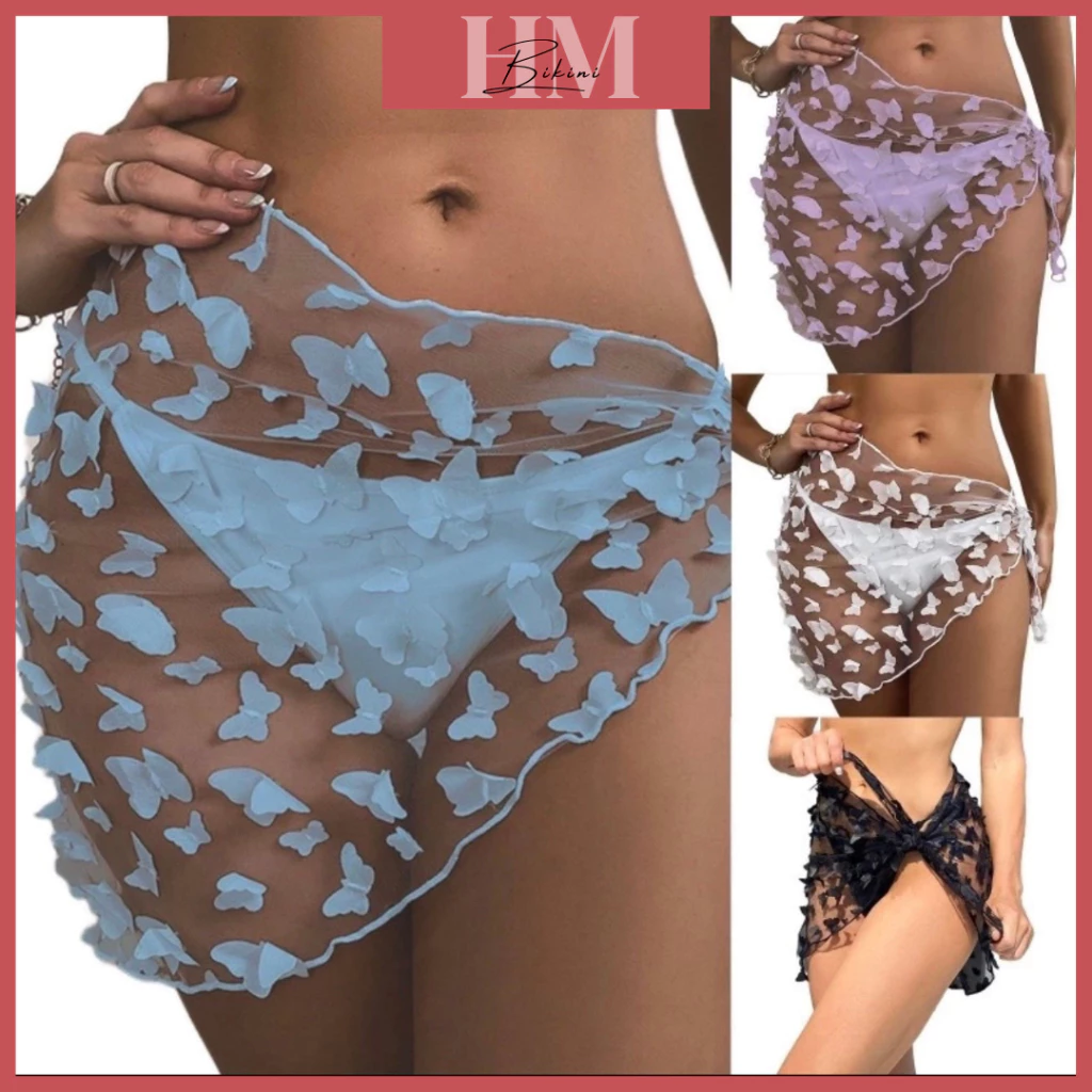 Khăn Quấn Bikini Đa Năng Chất Voan Lưới Họa Tiết Bướm Nổi