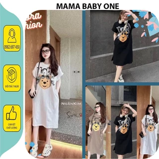 ĐẦM VÁY COTTON MÙA HÈ DÁNG SUÔNG RỘNG DÀI V757-ĐẦM BẦU XINH IN HÌNH GẤU MORE ĐỄ THƯƠNG MẶC ĐI LÀM ĐI CHƠI FRE SIZE