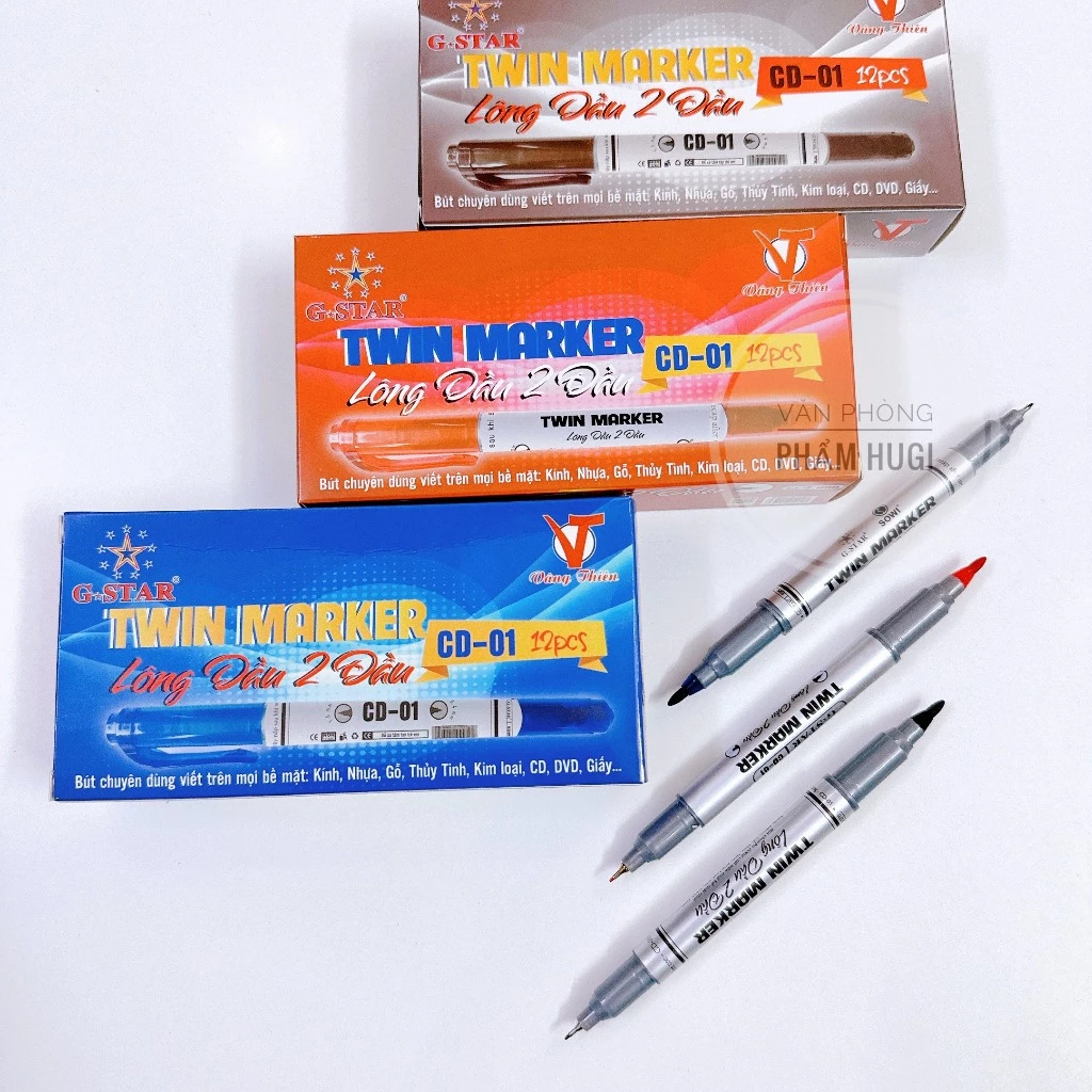 Combo 2 Cây Bút Lông Dầu Kim 2 Đầu Gstar CD-01 (Xanh/Đỏ/Đen)