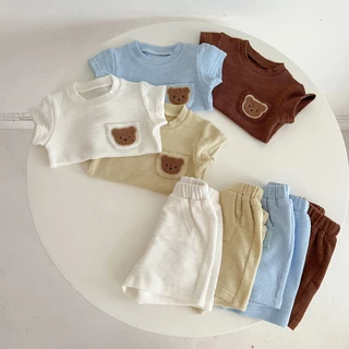 Bộ đồ quần áo cộc tay mùa hè vải cotton thun tăm đính gấu mát mẻ thoáng khí cho bé trai bé gái