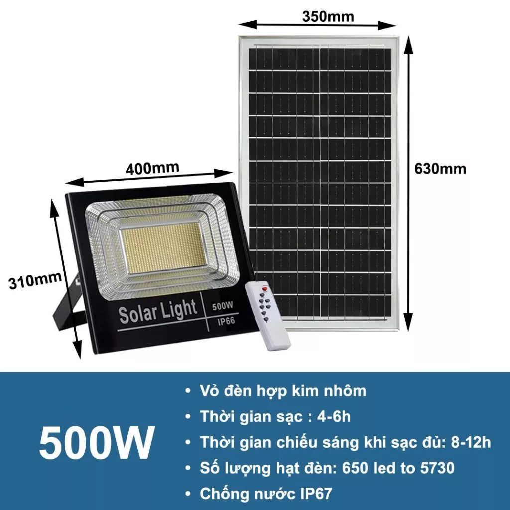 (Hỏa Tốc) Đèn pha năng lượng mặt trời 500w led to 5730, chống nước IP67, kèm remote