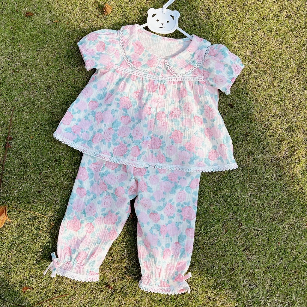 Pijama bé gái cộc tay quần lửng xô muslin Áo Lá Homewear A040, đồ ngủ bé gái xô đũi babydoll caro xinh xắn