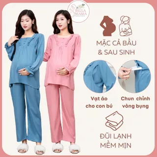 Bộ Bầu Mặc Nhà Và Sau Sinh Chất Đũi Mềm Nhẹ Mịn Vạt Chéo Cho Con Bú Và Quần Chun Chỉnh Bụng Bella Mama Bn14