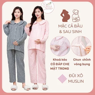 Bộ Bầu Mặc Nhà Và Sau Sinh Đũi Xô Muslin Mềm Nhẹ Mịn Kéo Khóa Cho Con Bú Và Quần Chun Chỉnh Bụng Bella Mama Bn15