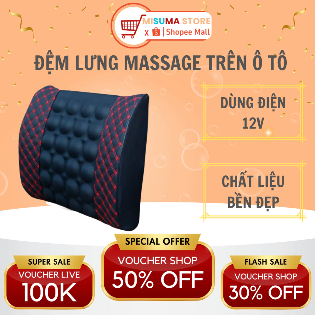 Gối Tựa Lưng Massage Trên Xe Ô Tô, Xe Hơi Loại Bọc Da Cao Cấp, Đệm Massage Lưng Rung Thư Gian Điện 12V