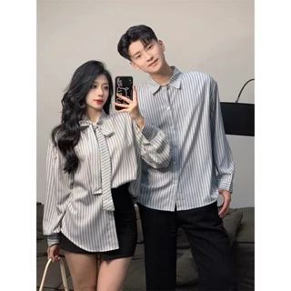 Couple Set Đôi Áo Sơmi Nam Nữ Kẻ Dọc Tay Dài Form Rộng Dành Cho Cặp Đôi