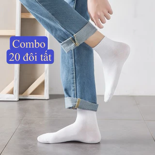 Combo 20 đôi Tất cổ trung nam nữ vớ trơn lót xù cao cấp giữ nhiệt, tất trơn cotton thoáng khí, hút ẩm khử mùi