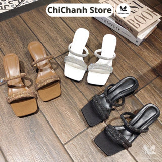 Guốc gót vuông nữ 5P Dép cao gót 2 quai đính đá chuẩn form cực xinh sang Chichanh Store G172