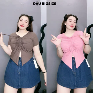 Áo thun croptop Đậu Bigsize nữ phối nhún ngực tăng giảm độ dài tà tam giác cách điệu giúp tôn vòng một - G42