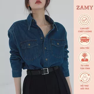 Áo bò nữ, áo sơ mi Denim 2 túi ngực có khuy dài tay dáng rộng phong cách thời trang Retro Hàn Quốc