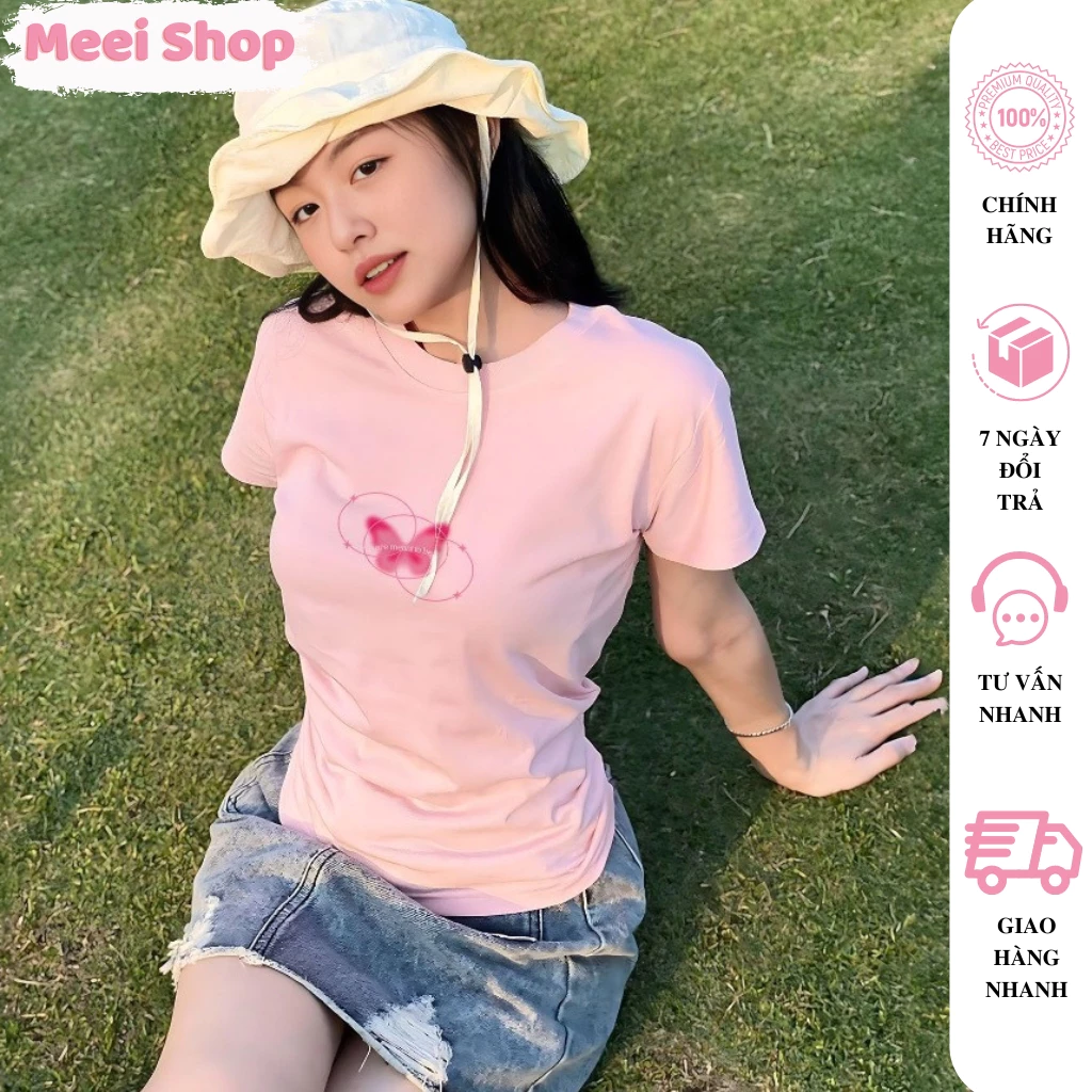 Áo thun nữ ngắn tay cổ tròn in hình bướm xinh xắn Meei Shop, Áo thun babytee nữ in hình phong cách nữ tính basic -AT9-