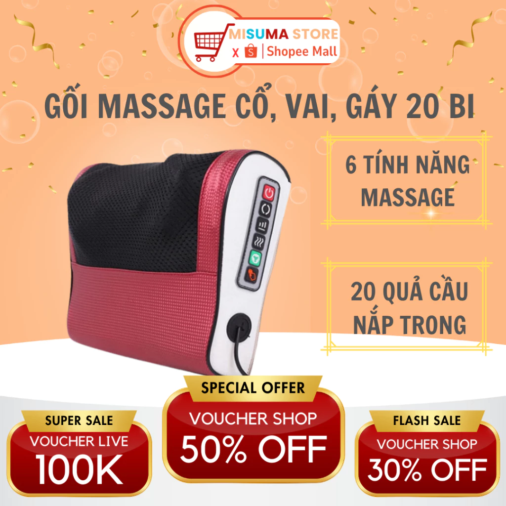 Gối Massage Cổ Vai Gáy MISUMA Máy Massage Hồng Ngoại 20 Bi Cao Cấp Hỗ Trợ Mát Xa Toàn Thân Hiệu Quả