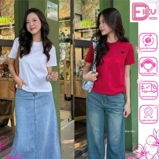 Áo thun nữ ngắn tay cổ tròn in logo trái tim xinh xắn Meei Shop, Áo thun babytee nữ màu basic dễ phối màu dễ thương -A63