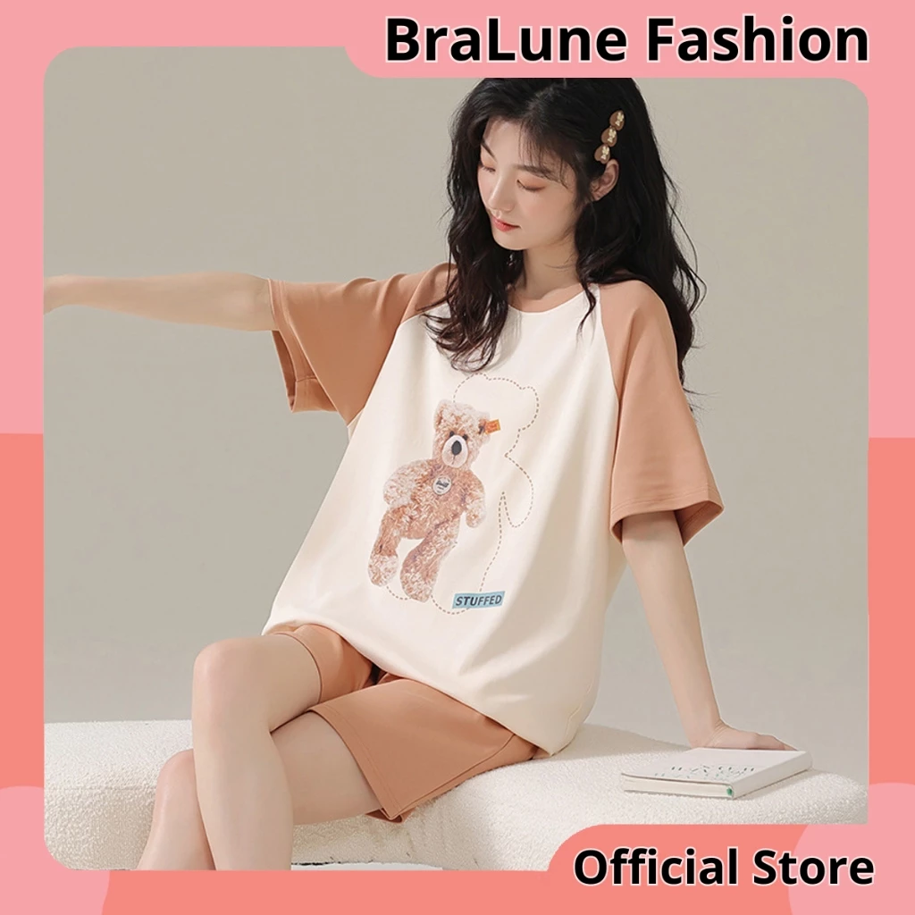 Bộ Đồ Ngủ Nữ Tay Ngắn Họa Tiết Gấu Bông BRALUNE, Đồ Ngủ Nữ Cotton Pyjama Thoáng Mát BRL