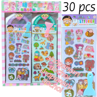 Khay 30 bộ nhãn dán sticker DISCOLORATION DECORATE sticker bé khám phá khu rừng muôn thú cây cối