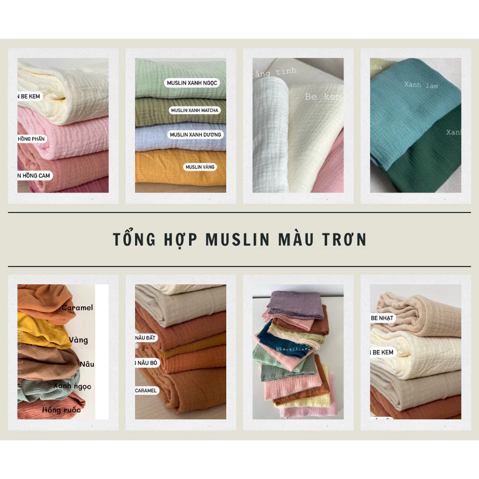 Vải Xô Muslin Nhà Vải Linen Màu Trơn May Đồ Cho Bé Mịn Màng Thoáng Mát Chất Liệu Cao Cấp An Toàn