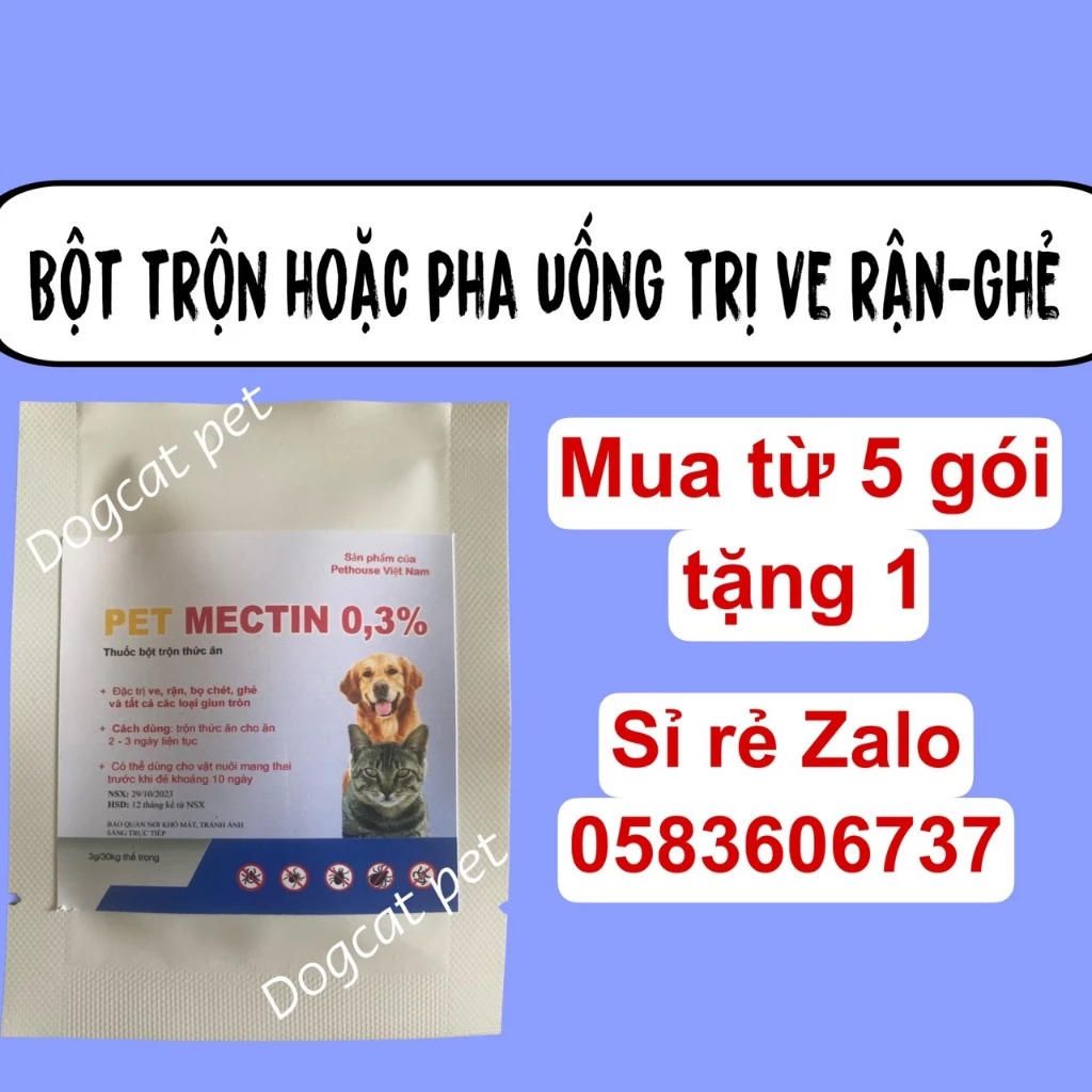 [Mua từ 5 tặng 1] PET-MECTIN Không Tắm Trị Ve Rận, Bọ Chét Chó Mèo Dạng Bột Trộn Hiệu Quả, An Toàn