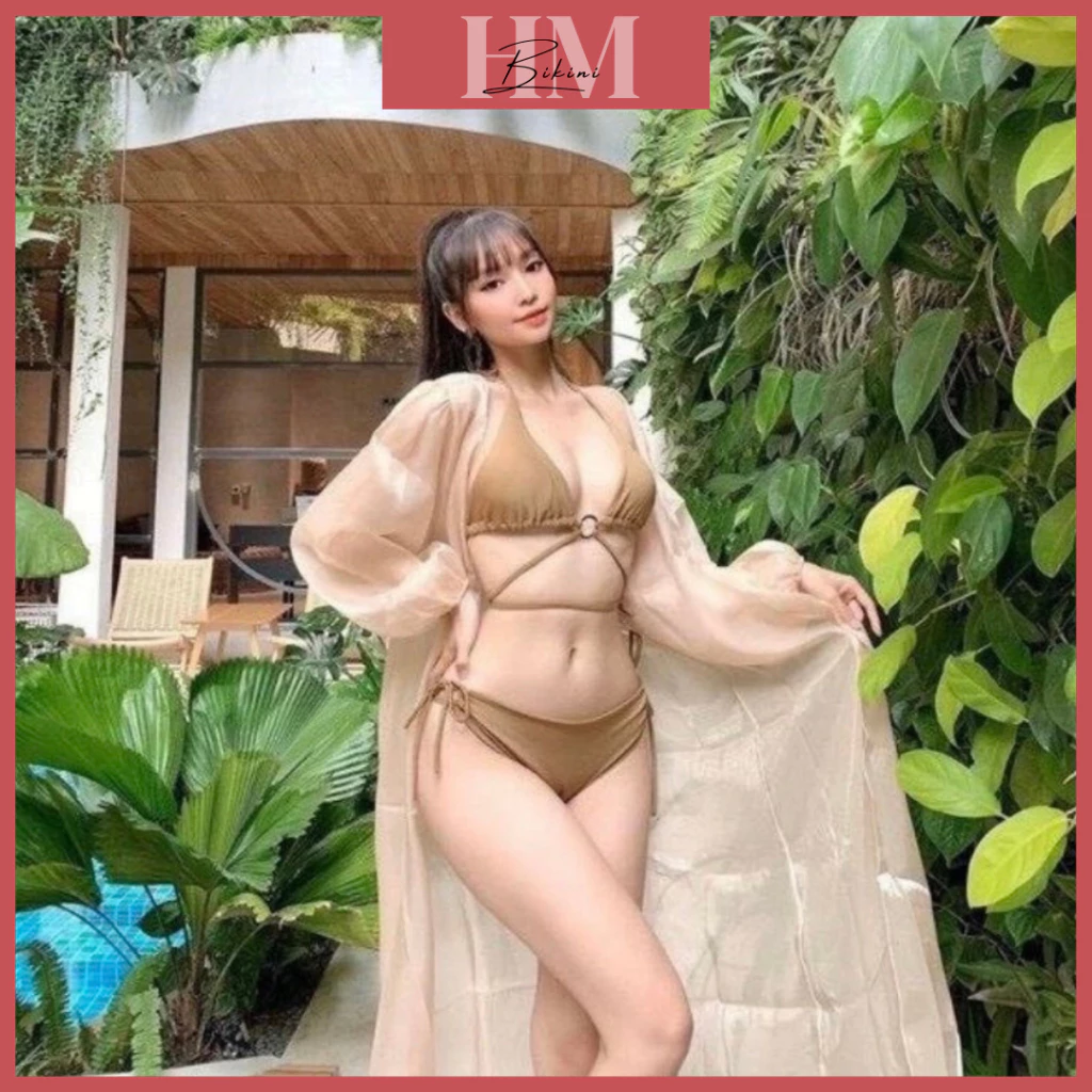 Bikini  2 mảnh đồ bơi nữ kiểu dáng basic phối khoen màu nâu tây