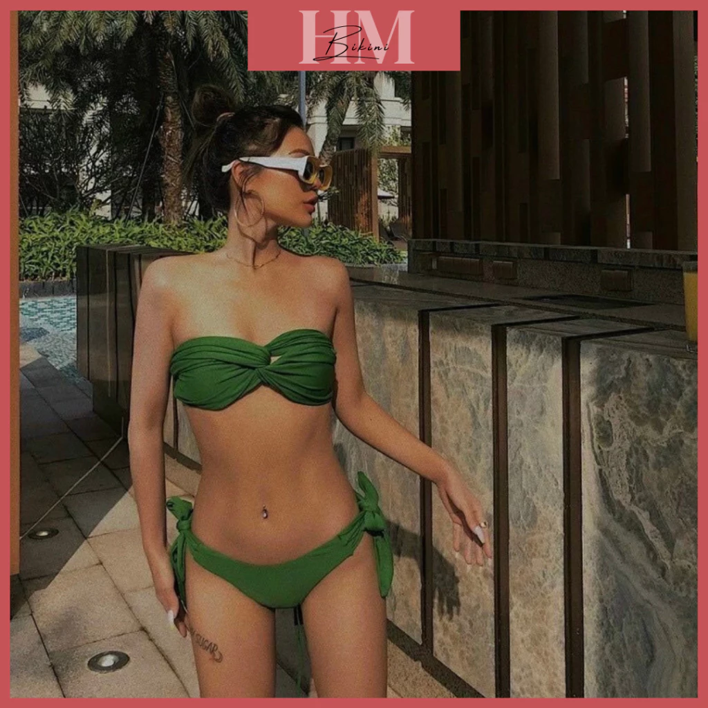 [Sẵn Hàng] Bikini đồ bơi 2 mảnh áo xoắn màu xanh rêu