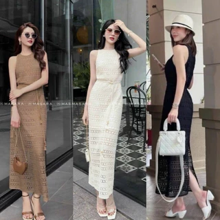 Đầm váy ren dệt hoa body dáng dài cổ tròn sát nách 2 lớp xẻ tà sau kèm dây đai cột eo chanh sả S034