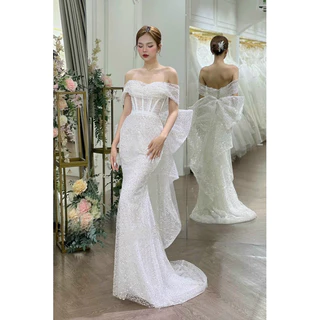 Đầm cưới trễ vai đuôi cá xẻ đùi full size s/m/l/ xl ( hàng có sẵn)