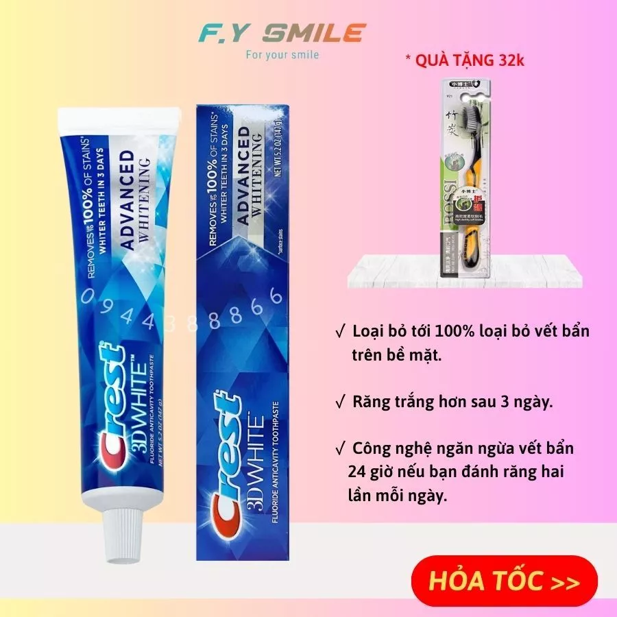 Kem đánh răng Crest 3D White Advanced Whitening 147g - Làm trắng răng, đánh bay mảng bám và bảo vệ răng