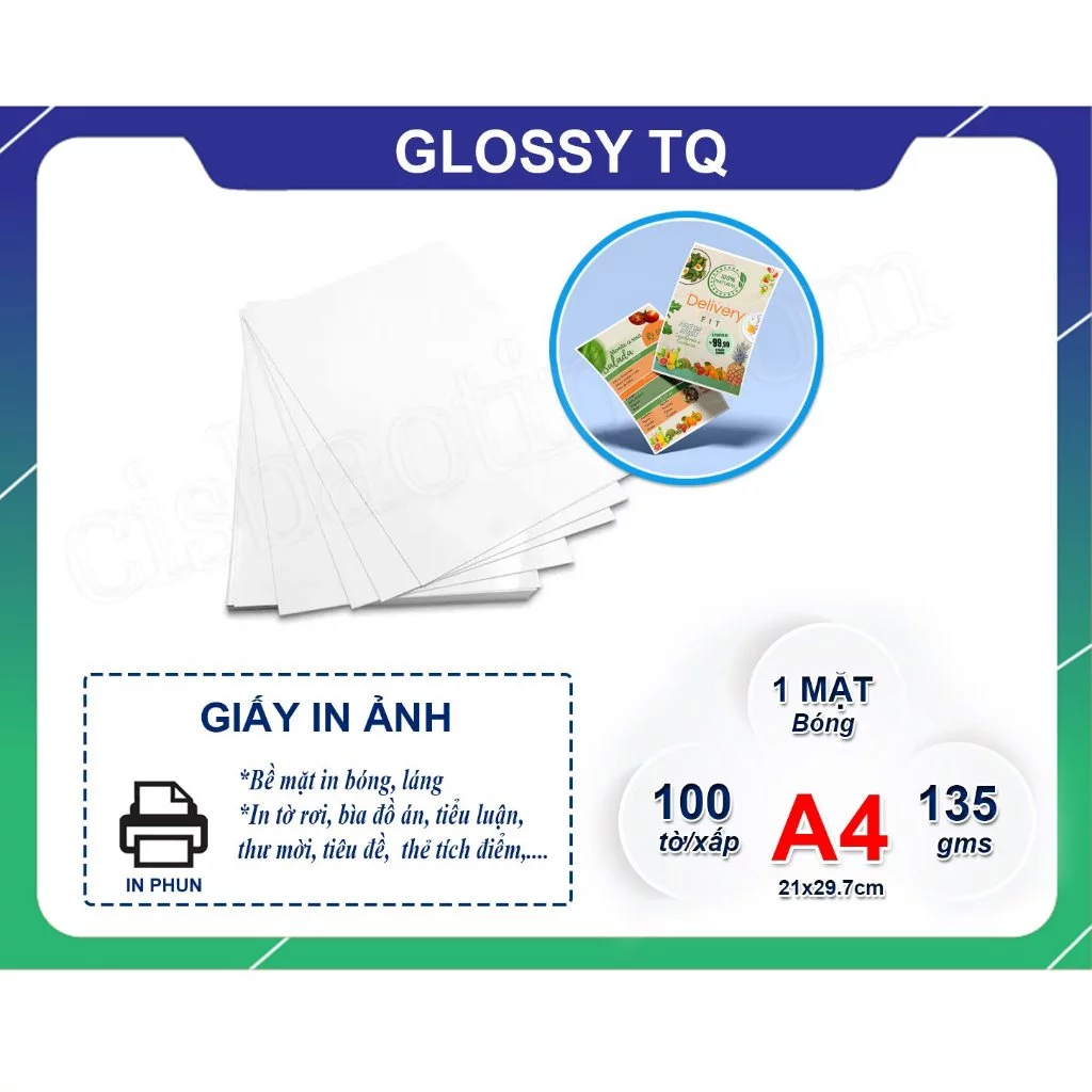 GIẤY ẢNH 1 MẶT GLOSSY PHOTO TQ A4 135G( xấp 100 tờ)