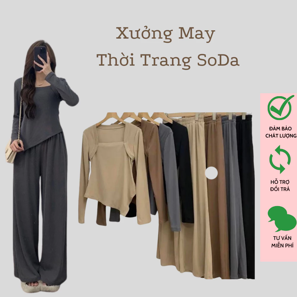 Set nữ bộ áo thun tăm cổ vuông dài tay kèm quần ống rộng