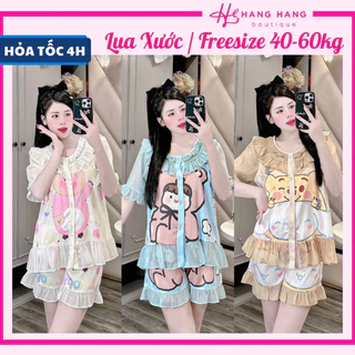 Bộ đồ ngủ cỡ nhỏ 40-60kg, đồ bộ nữ pijama đùi ngắn tay voan cổ bèo lụa xước, đồ ngủ lụa tiểu thư mặc nhà cute dễ thương