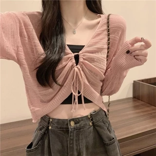 Áo khoác cardigan len mỏng dây rút trước chống nắng mùa hè KL33