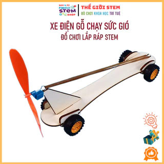 Đồ chơi STEM Mầm Non, Tiểu học: Xe điện gỗ chạy sức gió nhờ dây cao su. Đồ chơi lắp ráp khoa học sáng tạo cho bé SANPI