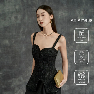 Áo Amelia dạ tweed, áo hai dây, màu đen, ôm body, khoe dáng gọn gàng | the tendy - natural & minimalist