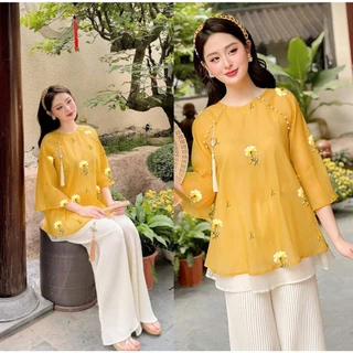 Bộ lễ chùa sét  đi chùa nữ tơ thêu hoa  phối quần dập ly đủ size S M L