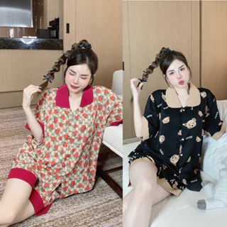 Đồ bộ Pijama cổ sen cộc đùi, Bộ đồ ngủ nữ mặc nhà chất kate lụa thoáng mát thấm hút mồ hô,