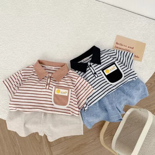 Set bộ polo cộc tay bé trai kẻ sọc mix túi chất vải cotton mềm mịn Miniumbabyfashion, bé mặc đi chơi đi học SB1850