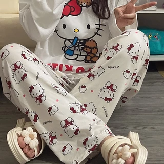 Quần Ngủ Nữ, Quần Dài Mặc Đi Chơi Họa Tiết Hello Kitty Trắng (M38)