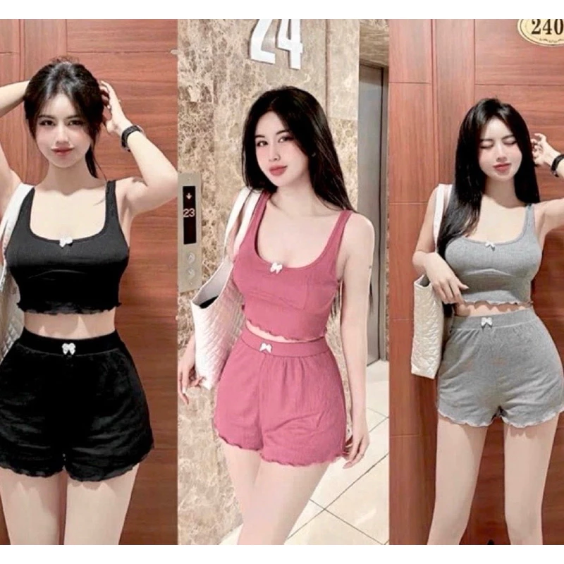 Sét bộ nữ 2 món áo dây croptop ôm body kèm quần đùi lưng thun phối nơ xinh chất vải thun gân len 4 chiều FreeSize