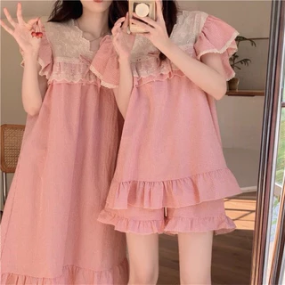 BN250_ Váy ngủ, bộ ngủ pijama ngắn tay cổ ren bèo hoạ tiết caảo babydoll đáng yêu | hàng quảng châu cao cấp