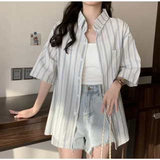 Áo sơ mi kẻ sọc dáng rộng cộc tay màu pastel xinh xắn kiểu vintage Jun Store 107 P0K2