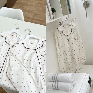 𝐚𝐬𝐡𝐞𝐱𝐢𝐧𝐜𝐡𝐚𝐨: pyjama, bộ đồ ngủ nữ thô cotton dáng suông rộng hoạ tiết tim nâu