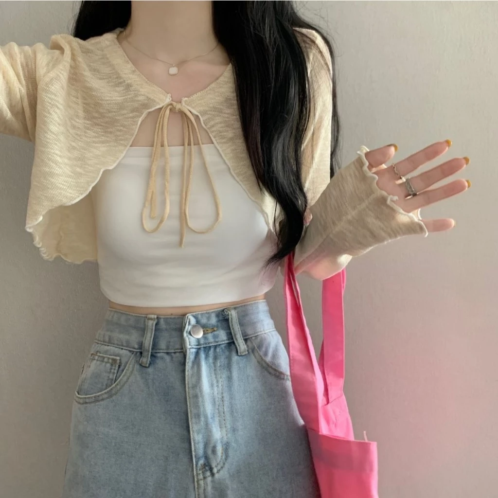 Áo Khoác Cadigan Dệt Kim Mỏng, Áo Len Kiểu Tay Dài Dáng Croptop Sóng Nơ Siêu Xinh Phong Cách Hàn Quốc Shopquacam