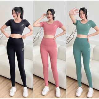 Bộ đồ thể thao nữ tập gym yoga aerobic áo croptop tay ngắn dây chéo in logo