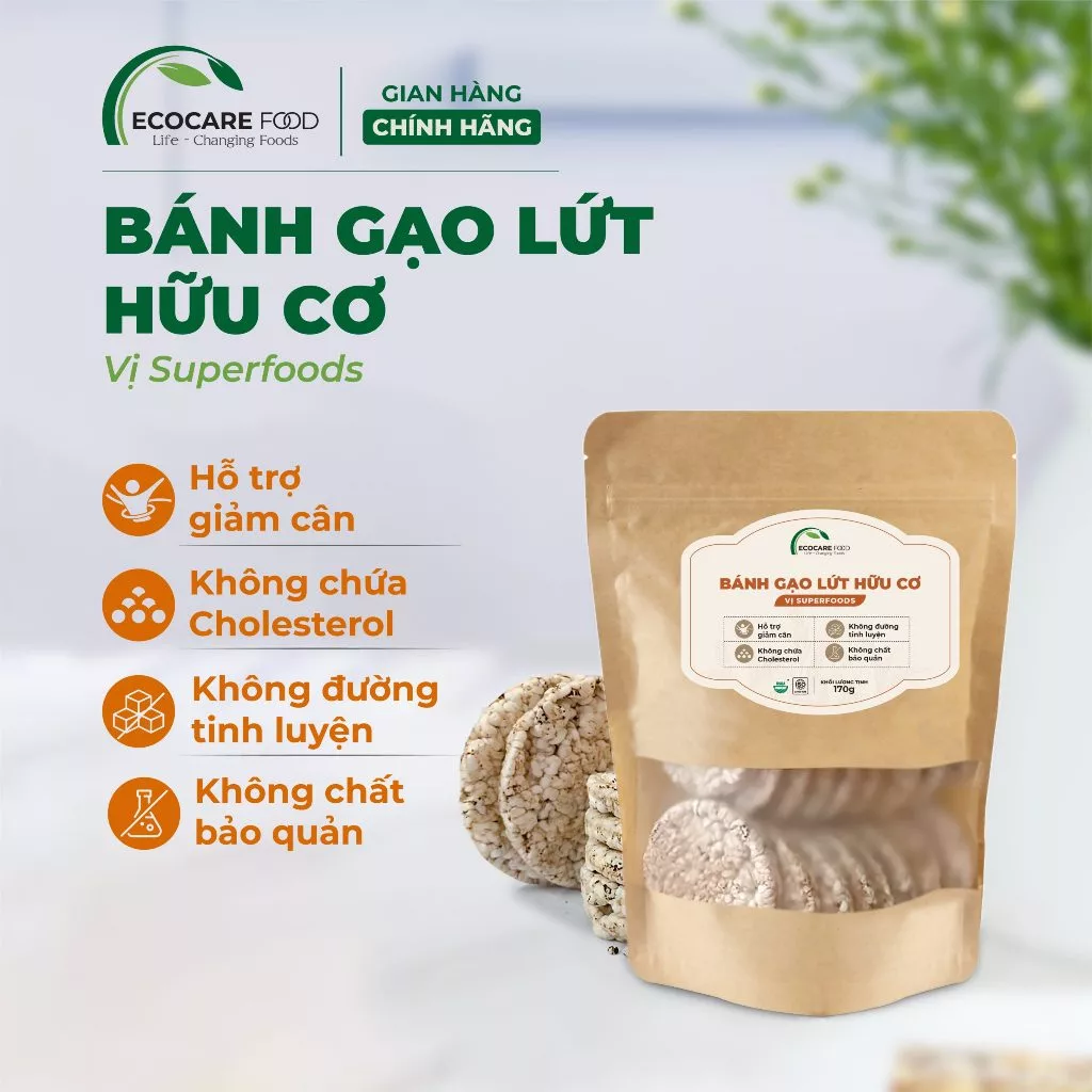 Bánh Gạo Lứt Hữu Cơ Ecocare Food 170g - Hỗ trợ cho người tập Gym, Giảm cân, Thực dưỡng, Eat clean