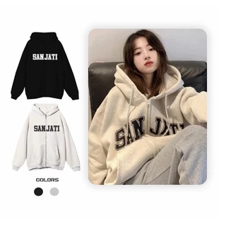 Áo Hoodie In Chữ SANJATI Áo Nỉ Bông Form Rộng Dài Tay Unisex.