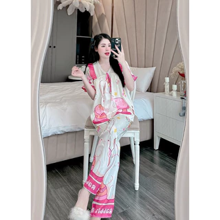 đồ bộ mặc nhà pijama lụa xước ánh kim tay ngắn quần dài đồ bộ mặc nhà xinh